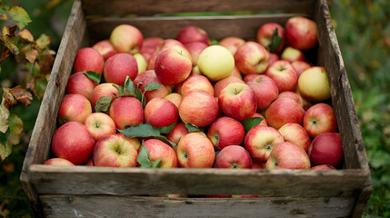 A full crate of ripe red apples after picking
