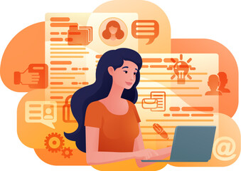 Woman, person, remote working on laptop computer writing document possibly a resume or cv for online internet job search application recruitment agency website cartoon illustration.