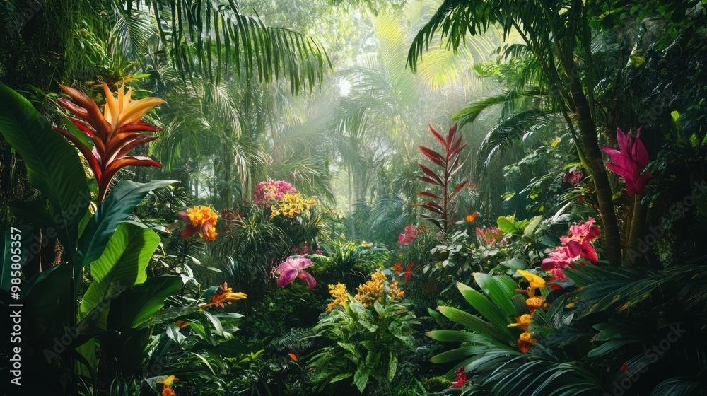 Canvas Prints Lush Tropical Rainforest with Vibrant Blooms and Sunlight Filtering Through Canopy