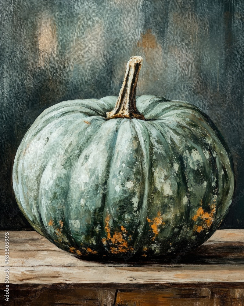 Poster Close up of large green pumpkin on wooden table