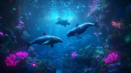 Fototapeta premium Underwater 4D animal exploration with glowing fish and digital sea creatures, set in a vibrant and futuristic ocean filled with animated wildlife and magical aquatic animals 