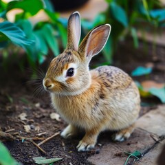 Fototapeta premium A small brown rabbit standing on a brick walkway in the dirt