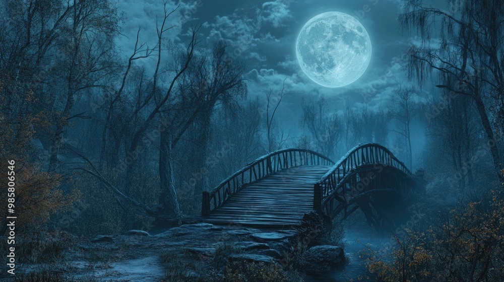 Poster Haunted autumn forest with lifeless trees and an ancient wooden bridge under a full moon