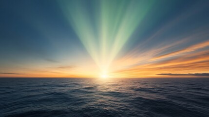 Aurora Australis, light beams across southern skies, open ocean.