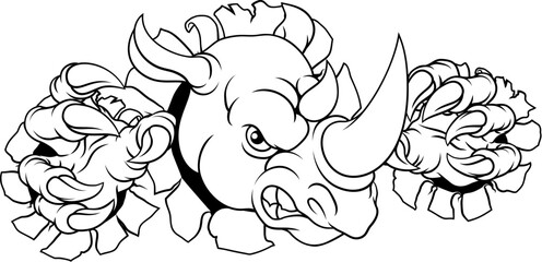 A rhino or rhinoceros mean, angry cartoon animal sports mascot