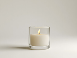 Small white candle burning inside a clear glass holder mock up isolated on white background