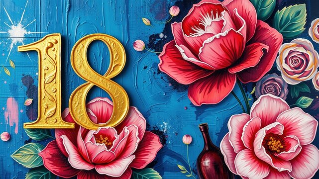 A beautifully designed invitation card with a sophisticated gold font and elegant flowers, announcing an 18th birthday celebration in a stylish and modern tone.