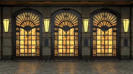 Art Deco Building Entrance with Illuminated Windows and Streetlights