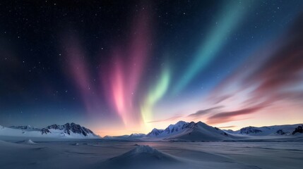 Aurora Australis, night sky over vast ice fields, quiet beauty.