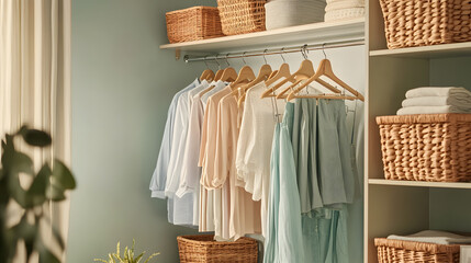 Modern walk-in closet with wooden shelves and drawers, hanging clothes