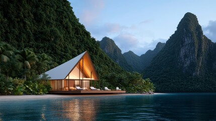 A modern beachfront villa surrounded by mountains and lush greenery at dusk.