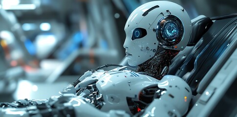 Fototapeta premium A white humanoid robot with a blue glowing eye sits in a futuristic vehicle.