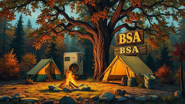 A campsite fire crackles beneath a towering tree, with a retro-style tent, camping gear, and a prominent sign bearing the acronym BSA, surrounded by nature's autumn hues.