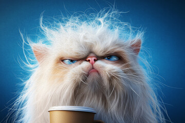 Grumpy Cat Coffee Cravings: A fluffy white Persian cat with a grumpy expression,  holds a paper cup of coffee against a blue background. The cat's fur is messy and unruly, suggesting a lack of sleep.
