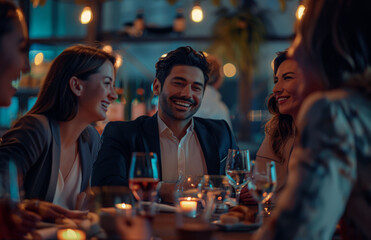An evening of smiling friends over drinks in a beautifully illuminated restaurant