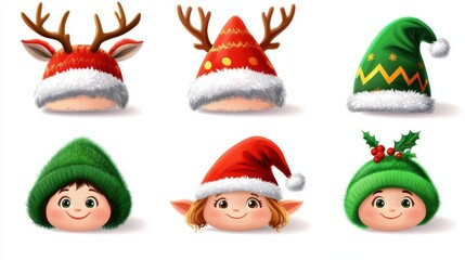 Fototapeta premium set of Christmas holiday hats. Funny elf, snowman, reindeer and Santa Claus hats wearing for noel sign.