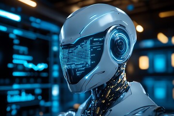 A white robot with a glowing blue visor and digital data display.