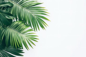 Fototapeta premium Isolated palm leaves branch of an exotic green tropical summer plant on a white backdrop. Generative Ai