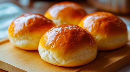A wooden cutting board topped with four rolls of bread