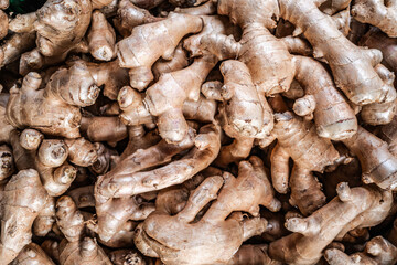 Ginger roots ready for sale on a farmers market