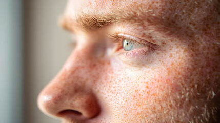 Fototapeta premium Close up face of young man suffering from problem skin. Acne, rosacea, dry skin. Dermatology concept