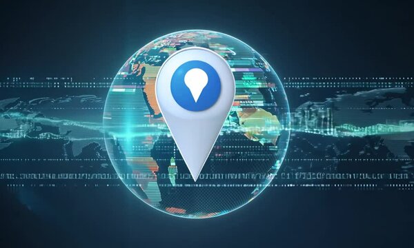 Digital location pin icon with artificial intelligence binary code in navigation app, Personalized travel recommendation design