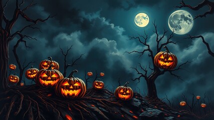 A creepy night sky with glowing jack-o-lanterns, skeletal trees, and a full moon casting an ominous light on a barren, mist-shrouded landscape.