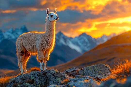 A llama standing on top of a mountain at sunset - Powered by Adobe