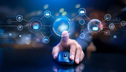 Fototapeta premium Clicking and digital interaction, featuring elements like computer mice, click icons, and touchscreens, symbolizing digital engagement, user interface, and online activity.