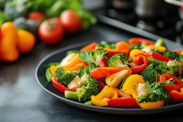 colorful steamed vegetables arranged on a kitchen counter, illustrating the concept of cooking with vegetables in a banner design