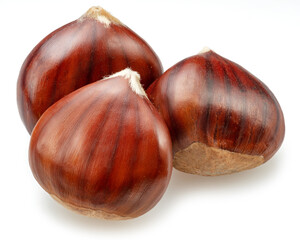Raw chestnuts isolated on white background. Portuguese traditional snack autumn street food.
