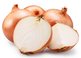 Onion bulb and cross section of onion isolated on white background. File contains clipping paths.