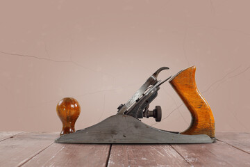 Tools Building and repair - Side view Rusty hand plane brown background