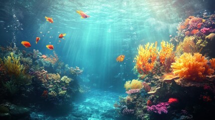 Fototapeta premium Vibrant Underwater Coral Reef with Colorful Fish and Sunlight