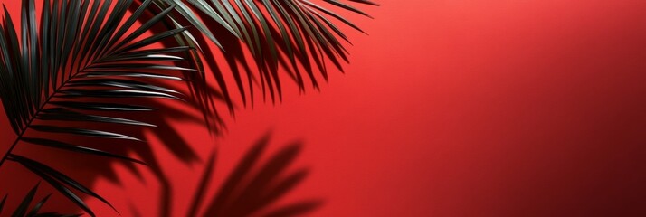 Fototapeta premium Palm leaves create striking shadows on a bright red wall, showcasing a bold contrast in color and texture