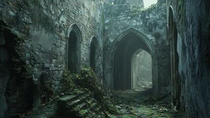 Fototapeta premium Overgrown Archway Leading into a Foggy Forest Within a Ruined Stone Building
