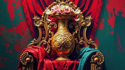 A gleaming golden vase adorned with intricate carvings and delicate petals sits atop a lavish throne, surrounded by regal fabrics and ornaments, against a stylized red and green background.