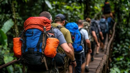 Fototapeta premium Hikers on a wooden bridge in a lush forest, carrying backpacks for an adventure.