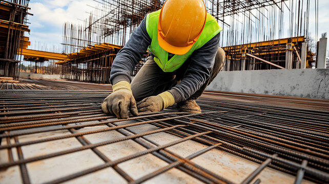 Construction Worker Installing Steel Reinforcement