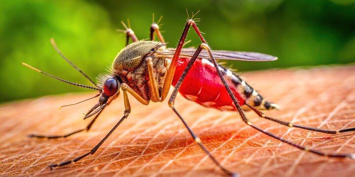 A juicy crescent-shaped bite, bright red and bulbous, with tiny puncture marks visible, like a tiny pinprick wound, on human skin.