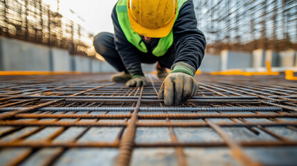 Construction Worker Preparing Rebar for Concrete