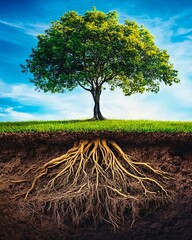 A tree with its roots in the ground and a blue sky © VISUAL BACKGROUND