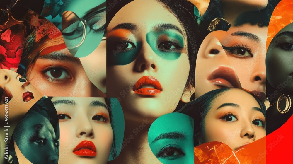 Poster Abstract Collage of Female Faces with Bold Makeup and Geometric Shapes