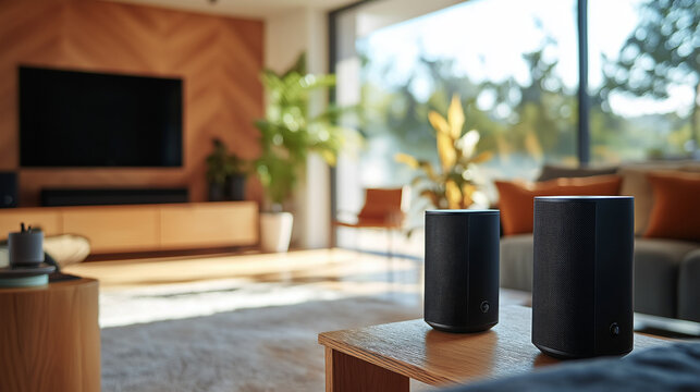 a photostock image of a high-quality home speaker system with augmented reality, displaying sound quality, connectivity features, and speaker placement options in a modern living room