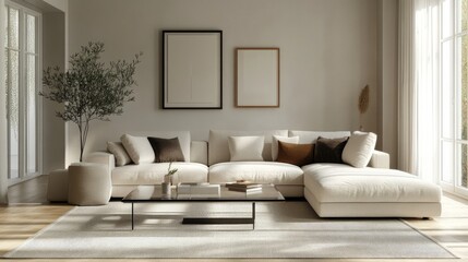 A contemporary L-shaped sofa in a spacious living room, paired with a glass coffee table.