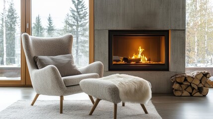 A cozy armchair and footrest, positioned next to a fireplace in a modern living space.