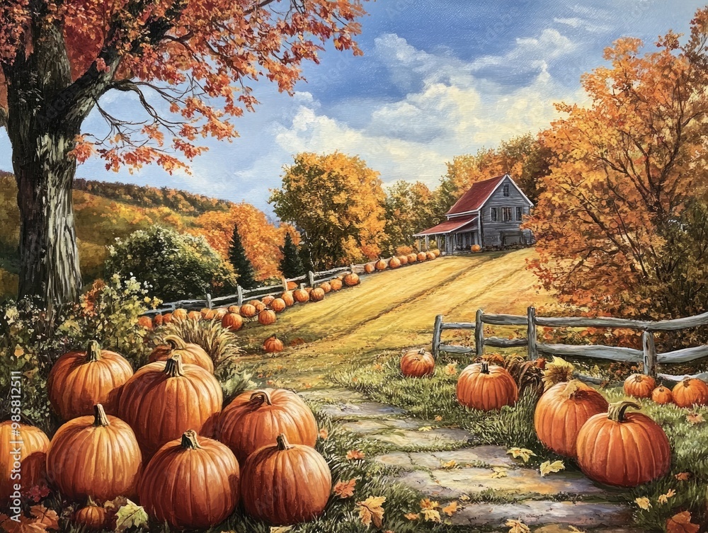 Poster autumn pumpkin harvest scene