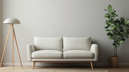 A cozy two-seater sofa placed in a small apartment living room, next to a modern floor lamp.