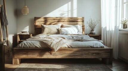 A cozy wooden bed frame with soft bedding, placed in a modern rustic-themed bedroom.