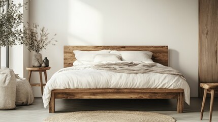 A cozy wooden bed frame with soft bedding, placed in a modern rustic-themed bedroom.